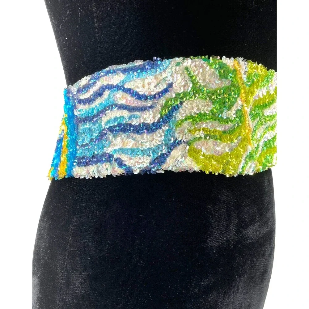 Vintage La Mendola Peacock Retro Hand Beaded Green Pure Silk Chiffon Belt